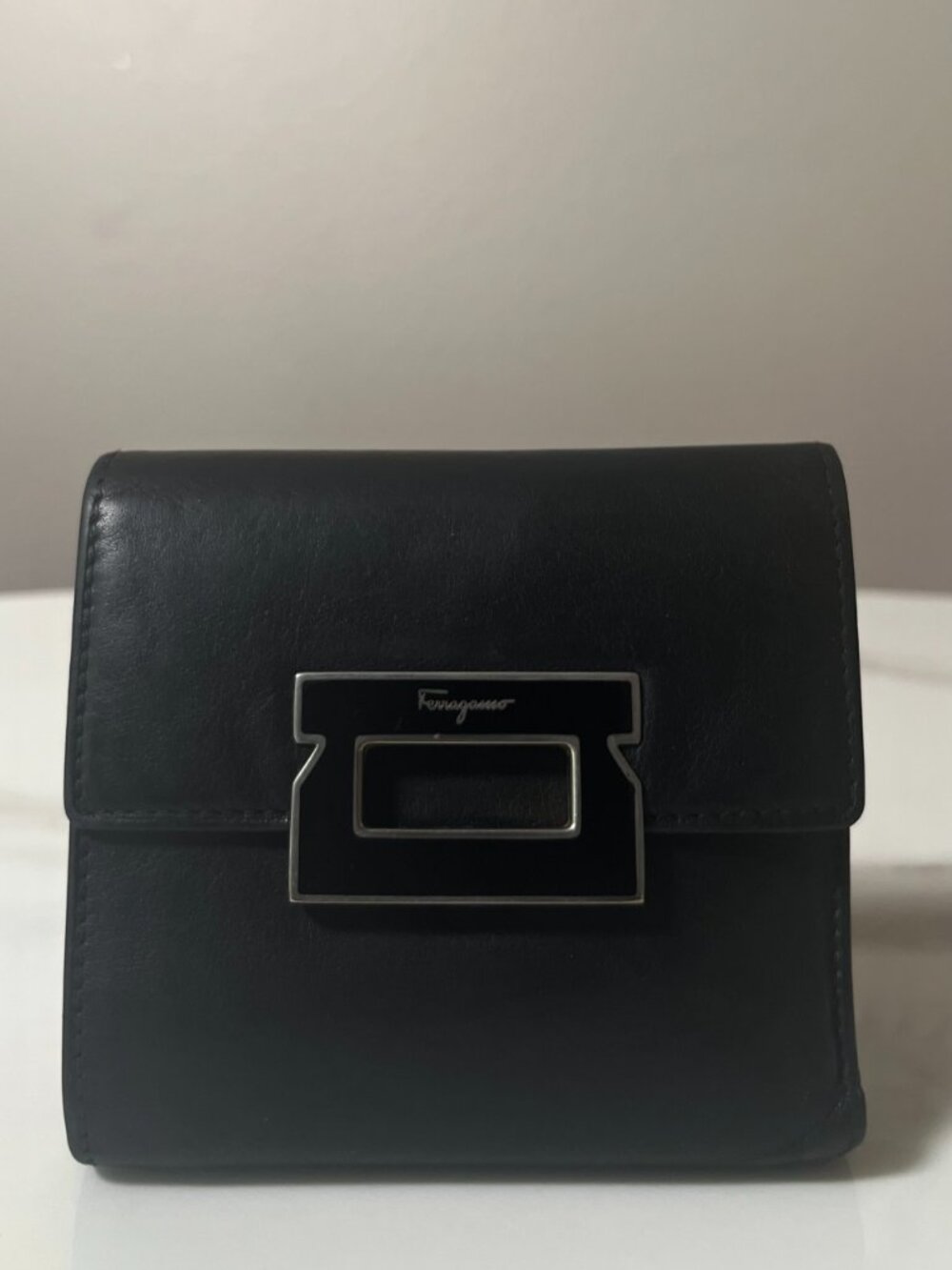 Salvatore Ferragamo Black Leather Gancini Clasp Trifold Wallet